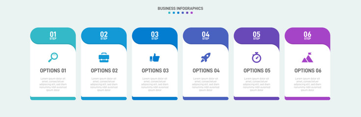 Timeline infographic with infochart. Modern presentation template with 6 spets for business process. Website template on white background for concept modern design. Horizontal layout. - obrazy, fototapety, plakaty