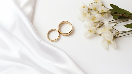 two gold rings placed on white satin alongside elegant wedding accessories, a chic wedding still life perfect for designing a postcard, invitation, or wedding cover.