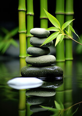 stones in the water next to other bamboo stalks on green wallpapers 