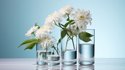 glasses and fresh flowers in a minimalist modern style, balances the purity of glassware with the beauty of fresh blooms, creating an aesthetically pleasing scene.