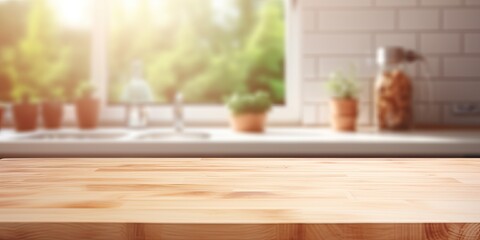 Wooden table top bleached, blurred kitchen summer window background. - obrazy, fototapety, plakaty