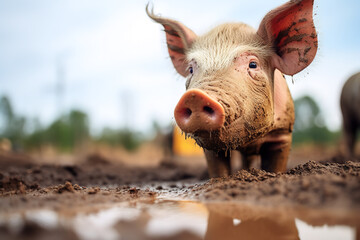 Shot of curious pig investigating fresh mud