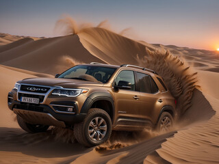 Fototapeta na wymiar an SUV speeding through the sandy desert