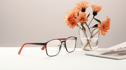 reading glasses and fresh flowers in a modern minimalist style, seamlessly blends the elegance of eyewear with the organic beauty of blooms, creating a visually harmonious scene.