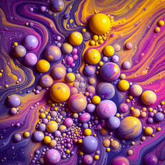 The magic of a bright and colorful mixture of liquid paints creating an abstract pattern. The dominant colors are shades of purple, yellow and pink, which combine smoothly and dynamically.