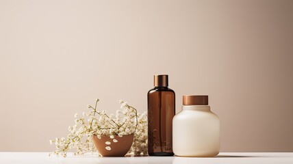 cosmetic face cleanser, serum brown glass bottles, a cream jar, and delicate gypsophila white flowers on a light beige background.