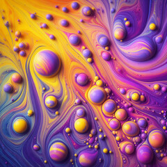 The magic of a bright and colorful mixture of liquid paints creating an abstract pattern. The dominant colors are shades of purple, yellow and pink, which combine smoothly and dynamically.