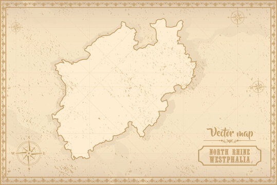 Map of North Rhine-Westphalia in the old style, brown graphics in retro fantasy style. Federative units of Germany.