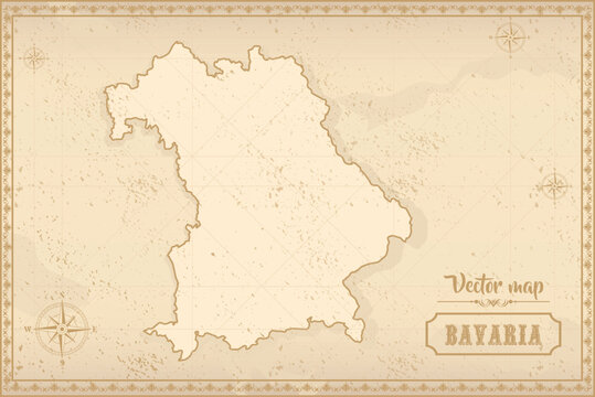 Map of Bavaria in the old style, brown graphics in retro fantasy style. Federative units of Germany.