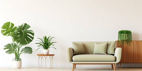 Mid-century style living room decor with a large monstera plant