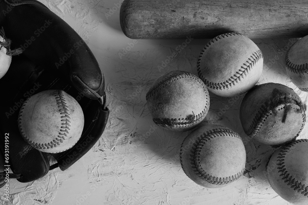 Poster old used vintage baseball equipment as flat lay in black and white. - Posters