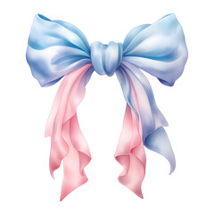 Pink and blue pastel bow with ribbon watercolor illustration isolated on white background