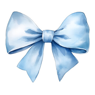 Blue Pastel Bow With Ribbon Watercolor Illustration Isolated On White Background