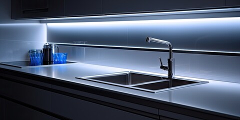 Nighttime minimalist design of a modern white kitchen corner featuring a lit light strip, sleek...
