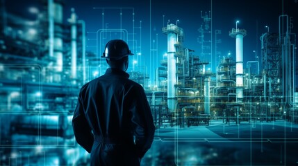 A worker in a hard hat inspecting an oil refinery for safety and productivity. - Powered by Adobe