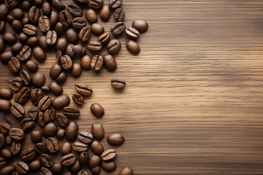 overhead view of coffee beens on wooden table, food, flat lay, ai-generated image