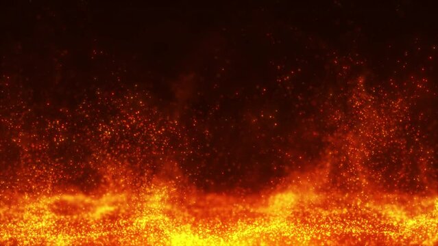 Seamless Loops Burning red hot fire particles. Glowing sparks on a black background. Coals of flame, lava ejecting energy. 4k 60 fps seamless video animation.