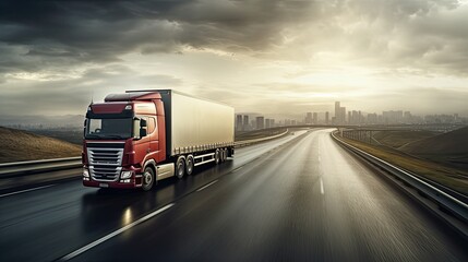 a long vehicle trailer truck on a highway, enhanced by a motion blur effect, conveys the speed and movement of the truck, providing a realistic depiction of the bustling activity on the road.