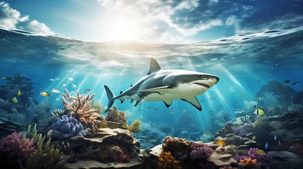 Foto op Canvas A predator great white shark swimming in the ocean coral reef shallows just below the water line .  © Digital Storm