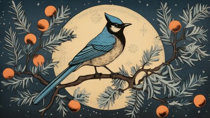 Fototapeta na wymiar a painting of a blue bird sitting on a branch in front of a full moon with oranges in the foreground and a pine tree branch with oranges in the foreground.