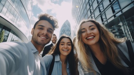 Group of friends pose happily on a city street with plazas - obrazy, fototapety, plakaty