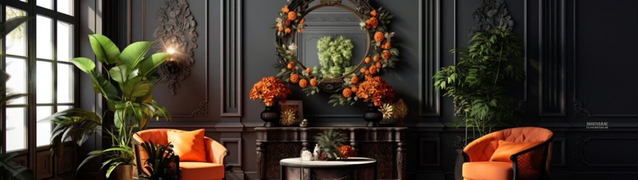 A stylish and inviting dark sitting room with a round mirror framed by intricate molding on the wall, an eye-catching orange armchair, and a vibrant potted plant