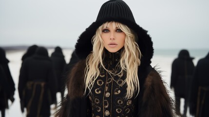 A woman with long blonde hair and a black coat standing in the snow, surrounded by a serene winter...