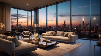 Fototapeta premium A top-floor room in a prestigious building, designed with a mix of timeless elegance and modern elements, offering a captivating view of the cityscape through a wall of glass windows