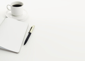 open notebook with blank white pages, pen and cup of coffee on white table, space for text