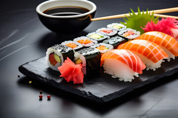 sushi and maki with soy sauce over black background - side view