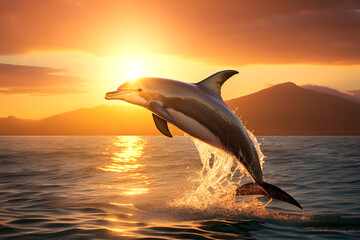 Dolphin jumping out of the ocean at sunset background