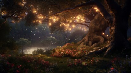 A magical twilight setting in a forest, with a young tree illuminated by a gentle array of fairy lights
