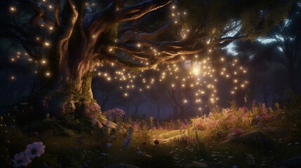 A magical twilight setting in a forest, with a young tree illuminated by a gentle array of fairy lights