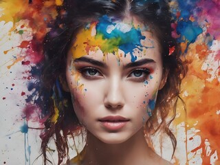 Splatter paint on woman face isolated on white. A profile portrait of a young woman combined with an abstract watercolor painting. Female portrait with grungy splashes. Happy holi.