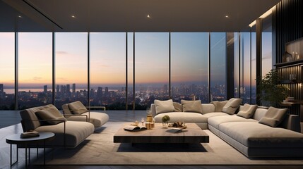 A vast and contemporary living room with an open-concept design, featuring a large L-shaped sofa, a wall of floor-to-ceiling windows with a view of the city skyline, and a sleek minimalist design