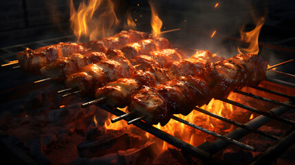 Grilling shashlik on barbecue grill. Kebab on the grill