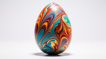 A milk chocolate Easter egg, delicately hand-painted with vibrant, edible colors, creating a mesmerizing abstract design, set against a stark white background