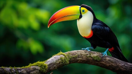 A stunning close-up of a brilliantly colored toucan perched on a tree branch