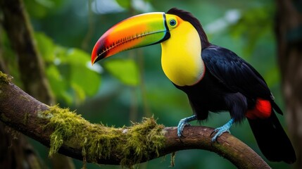 Obraz premium A stunning close-up of a brilliantly colored toucan perched on a tree branch