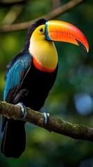 Obraz premium A stunning close-up of a brilliantly colored toucan perched on a tree branch