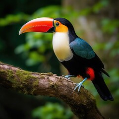 Fototapeta premium A stunning close-up of a brilliantly colored toucan perched on a tree branch