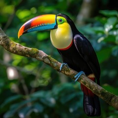 Fototapeta premium A stunning close-up of a brilliantly colored toucan perched on a tree branch