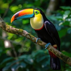 Obraz premium A stunning close-up of a brilliantly colored toucan perched on a tree branch