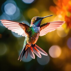 Obraz premium A vibrant hummingbird hovering in mid-air, its iridescent feathers glinting in the sunlight