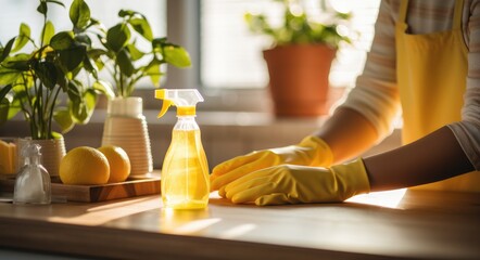 a woman using cleaning gloves, spray bottle and a yellow cloth to clean a kitchen countertop - Powered by Adobe