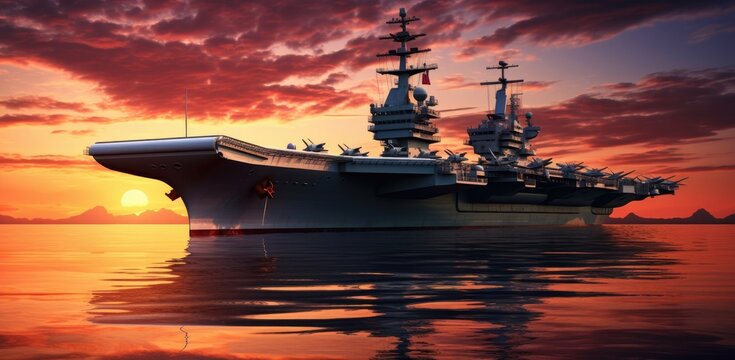 an aircraft carrier is floating on the ocean at sunset
