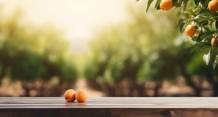 an orange orchard and table are in the background - obrazy, fototapety, plakaty