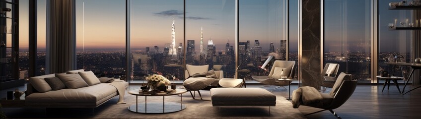 The interior of a penthouse on the top floor of a luxury skyscraper, with floor-to-ceiling windows offering a stunning view of the city, and opulent modern furnishings that exude elegance