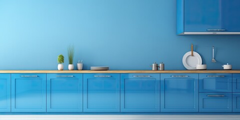 Contemporary blue kitchen with white walls, ed in . - obrazy, fototapety, plakaty