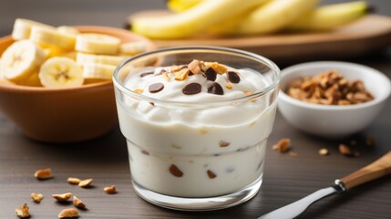  a glass of yogurt next to a bowl of bananas and a bowl of granola on a table with a knife and bowl of bananas in the background.